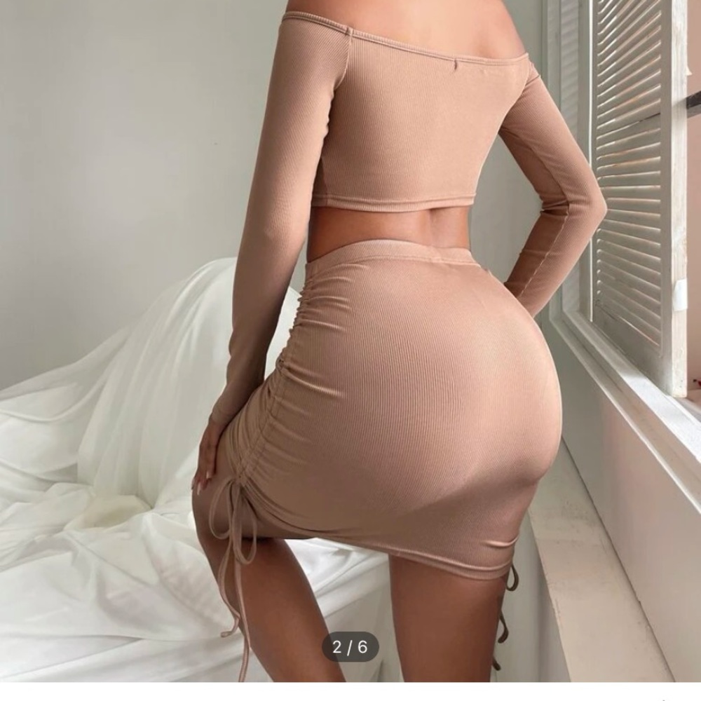 Off Shoulder Crop Top And Drawstring Ruched Skirt Set. - Picture 6 of 6